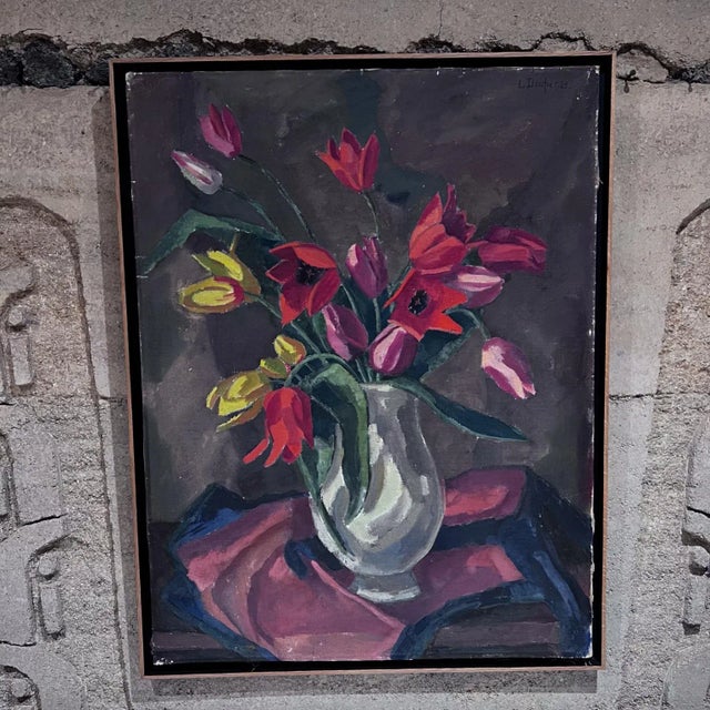 For your consideration, an original oil on canvas, featuring a Still Life moment, with floral arrangement in a table....