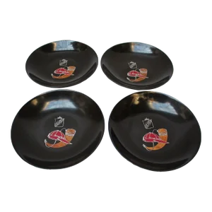 Set of Four Mid-Century Black Resin Inlaid Couroc Hunting Motif Plates