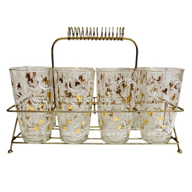 1950s Hazel Atlas Bleeding Heart High Ball Glasses in Gold Toned Caddy - Set of 8 Plus Rack For Sale - Image 5 of 5