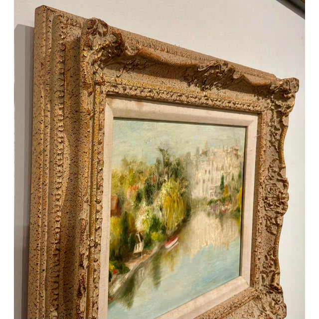 Timeless Vintage French Landscape Painting by Berthe, ornate hunch gold frame with an oatmeal linen liner, showroom floor...