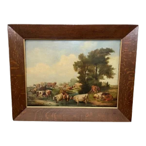 Large British Georgian Oil Painting Cattle Herd Gathered After Paulus Potter