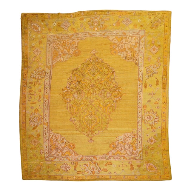 Antique Zabihi Collection Gold Green Oushak Rug - 9'5" x 11'4" For Sale