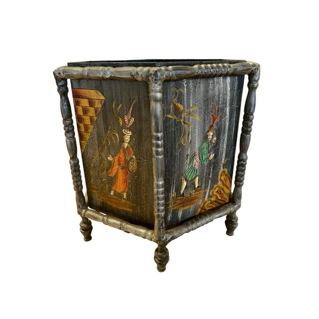 Chinoiserie Vintage Metal Chinoiserie Wastebasket For Sale - Image 3 of 10
