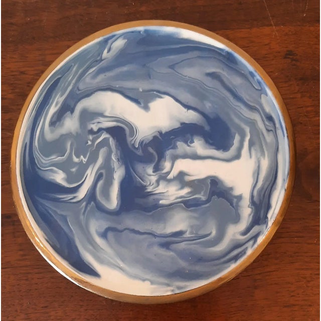 Blue Vintage Blue White Swirl Pottery Gold Rim Trivet For Sale - Image 8 of 8