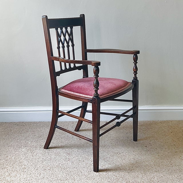Antique English Edwardian Mahogany Desk Armchair in Velvet, 1890s For Sale - Image 17 of 17
