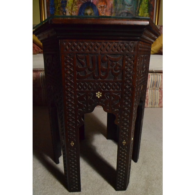 Vintage Authentic Hand Carved Moroccan Side Table Glass Mother of Pearl Inlay For Sale In Chicago - Image 6 of 9