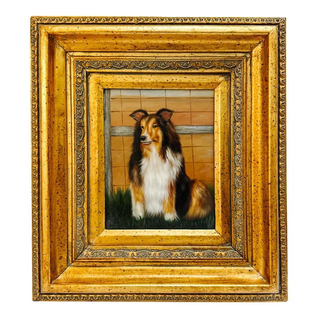 Mid-Century Framed Oil on Board Portrait of a Rough Collie For Sale