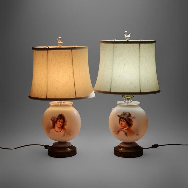 Glass Antique French Josef Ahne Opaline Glass Portrait Pillow Table Lamps - a Pair For Sale - Image 7 of 12