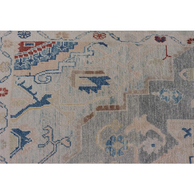 Modern Oushak Turkish Rug With All Over Design in Light Blue Ivory & Red For Sale - Image 10 of 12