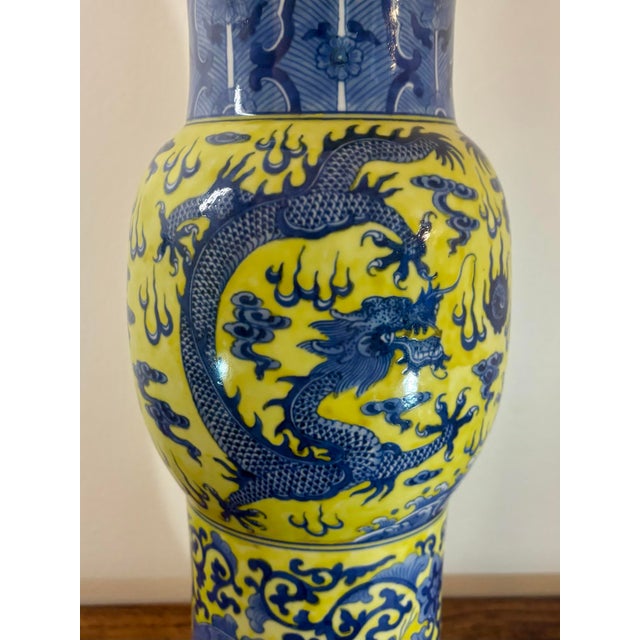 Vintage Chinese Yellow and Blue Dragon Porcelain Floor Vase, Hand Painted For Sale In Miami - Image 6 of 8