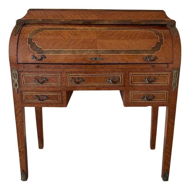Sheraton Revival Cylinder Bureau, writing Desk with marquetry, circa 1890 For Sale