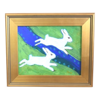Folk Art Hopping Bunnies Rabbits Hares Oil Painting Including the Antiqued Gold Frame For Sale
