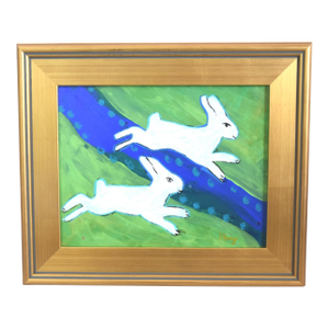 Folk Art Hopping Bunnies Rabbits Hares Oil Painting Including the Antiqued Gold Frame