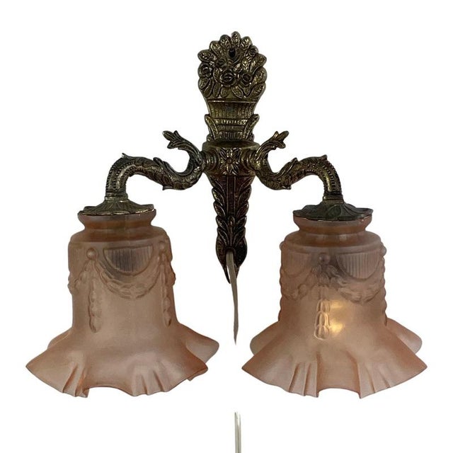 Gold Antique Art Deco Wall-Mounted Lamp with Brass Base and Pink Satin Glass Shades For Sale - Image 8 of 11