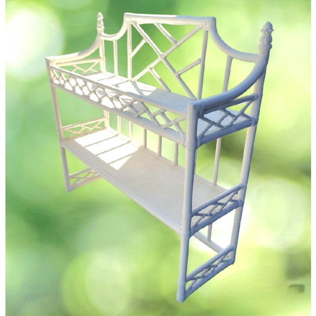 Baker Furniture Company Vintage Huge White Chinese Chippendale Pagoda Rattan 2 Shelf Wall Etagere Display Shelf For Sale - Image 4 of 8