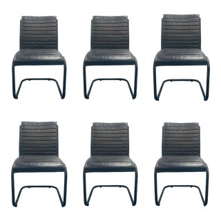 Mod Black Leather Dining Chairs Set of 6 For Sale
