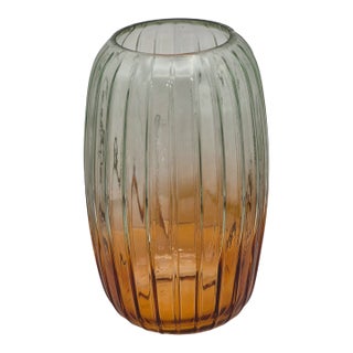 Fluted Glass Vase Ombre Color Green at Top Amber-Orange at Base 10'' Tall For Sale