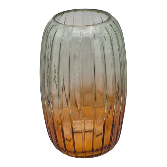 Fluted Glass Vase Ombre Color Green at Top Amber-Orange at Base 10'' Tall For Sale