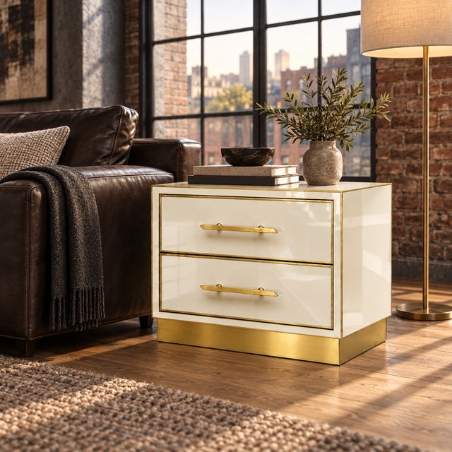 Gold Italian Ivory Murano Glass Bedside Cabinets on Brass Plinth from Justfurnituress SRL, Set of 2 For Sale - Image 8 of 9