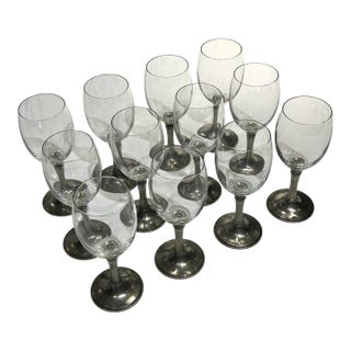 Set of 12 Williams-Sonoma 3” Diameter Pewter Stem Hand-Blown Crystal Wine Glasses For Sale