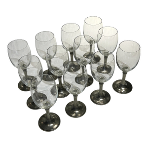 Set of 12 Williams-Sonoma 3” Diameter Pewter Stem Hand-Blown Crystal Wine Glasses