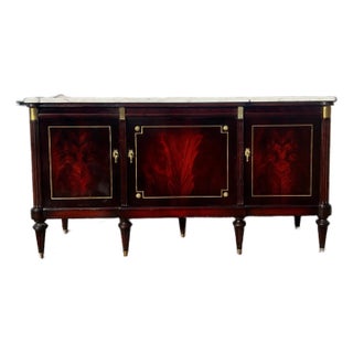 French Louis XVI Flam Mahogany Sideboard Carrera Marble Top 1900s For Sale