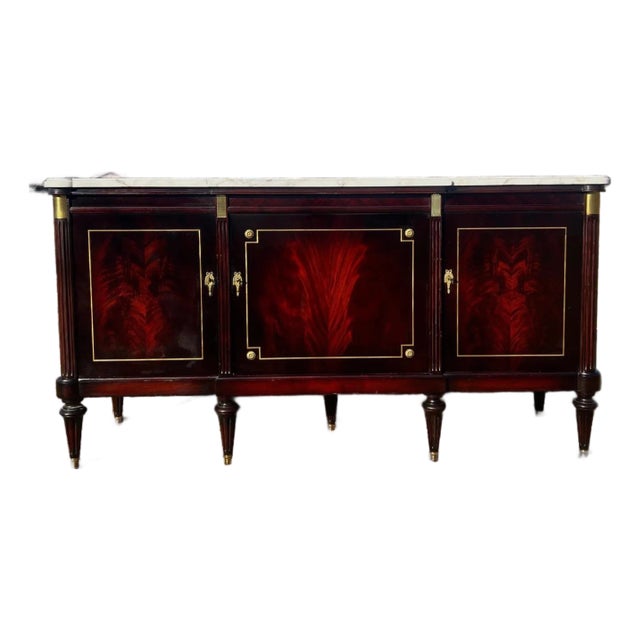 French Louis XVI Flam Mahogany Sideboard Carrera Marble Top 1900s For Sale