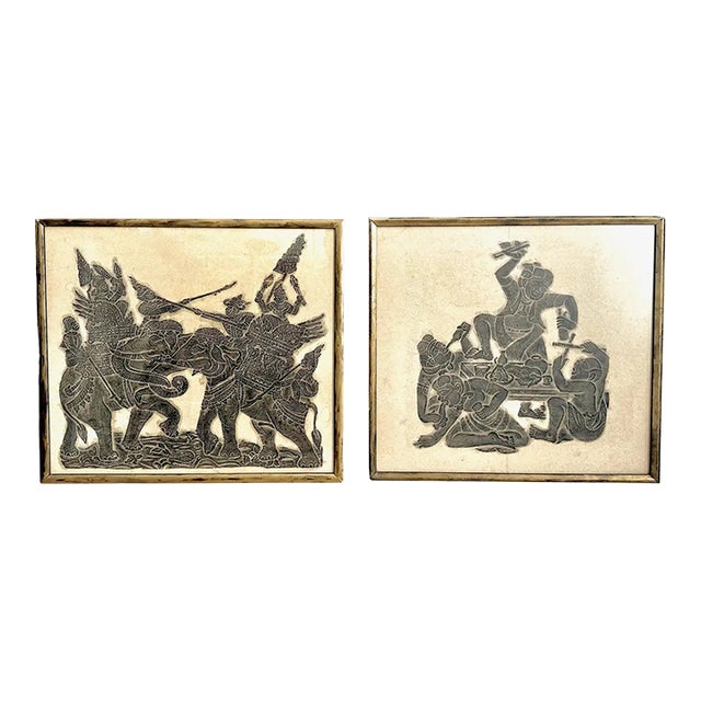 Pair of Original Thai Temple Charcoal Rubbing Framed Art For Sale