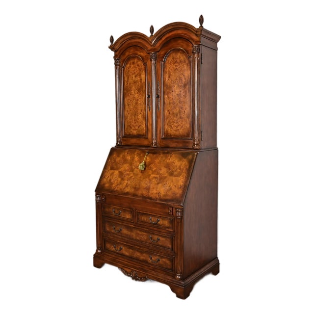 Baker Furniture Style Georgian Carved Walnut and Burl Wood Bureau With Drop Front Secretary Desk For Sale