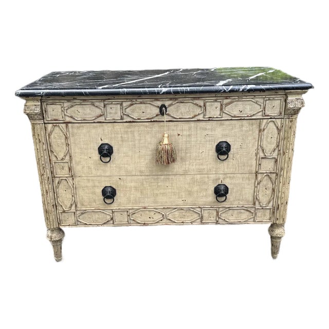 Fabulous Painted French Style Commode/Chest With Black Marble Top For Sale