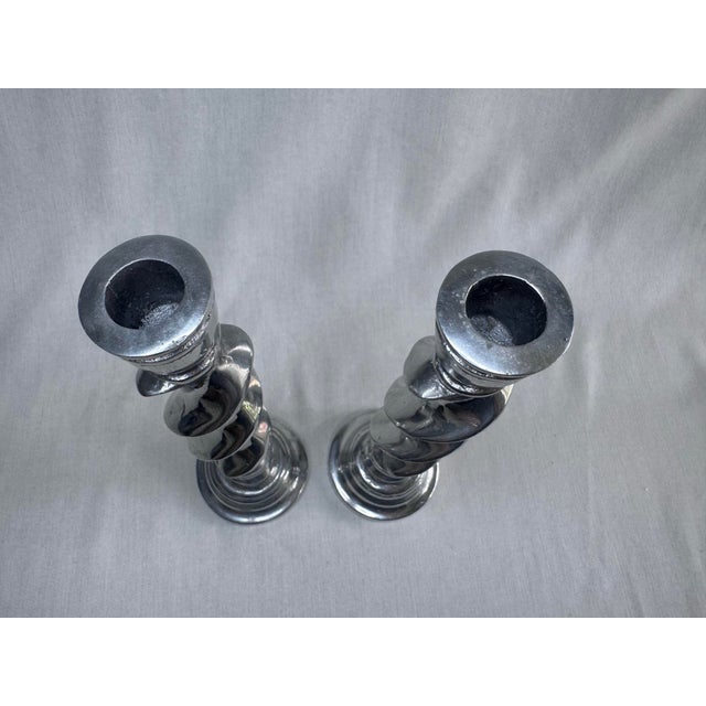 Vintage English Traditional Barley Twist Silver Tone Candlesticks, a Pair For Sale In Houston - Image 6 of 8