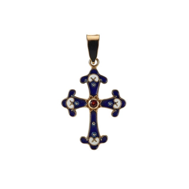 Vintage 14k Yellow Gold Blue Enamel Cross Pendant With Garnet Center & 16" Cable Chain For Sale - Image 9 of 9