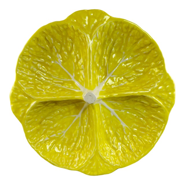 Vintage Portuguese Secla Yellow Cabbageware Divided Relish Plate, 1970s Majolica Pottery For Sale