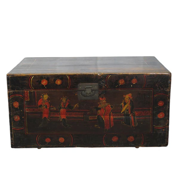 This antique black Chinese trunk features hand-painted front depicting young men and women flirting, the original...