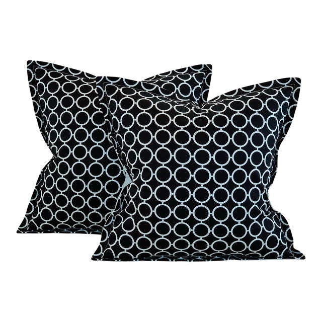 Designer Vicki Payne Free Spirit Aqua & Black Circle Geometric Rings Pillow Covers- 17" Pair For Sale