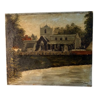 Antique, Signed, English Oil Painting of Wolston Church, Warwickshire, England For Sale