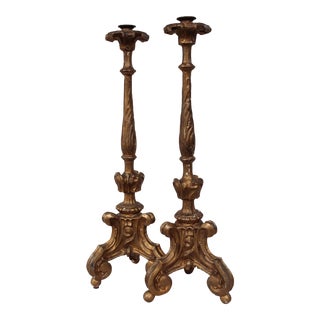 18th C. Baroque Giltwood Candlesticks - A Pair For Sale