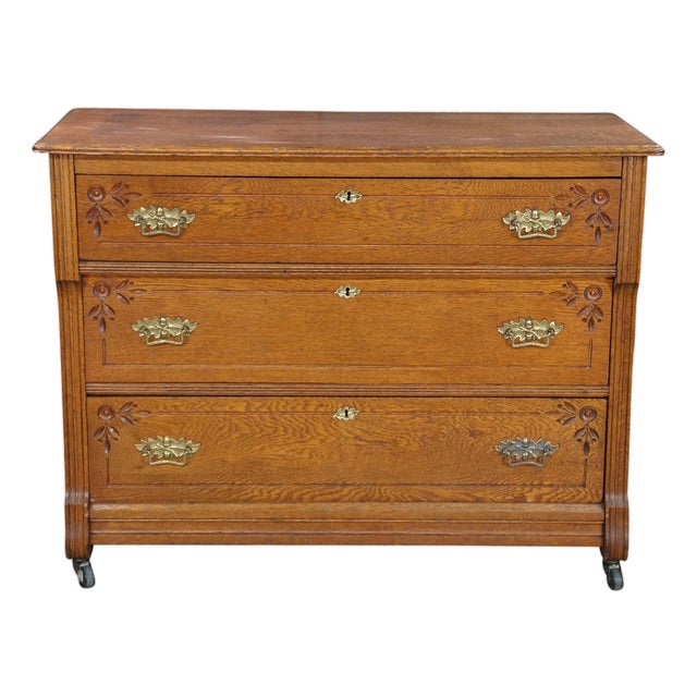 Antique Victorian Eastlake Oak Three Drawer Carved Dresser Chest Casters 43" For Sale