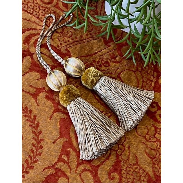 Pair of Satin Beaded Key Tassels in Antique Mineral Color With Cut Velvet Ruche For Sale In New York - Image 6 of 13