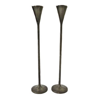 Pair Tall Pottery Barn Hand Hammered Black & Gold Solid Brass Candlesticks Candle Holders For Sale