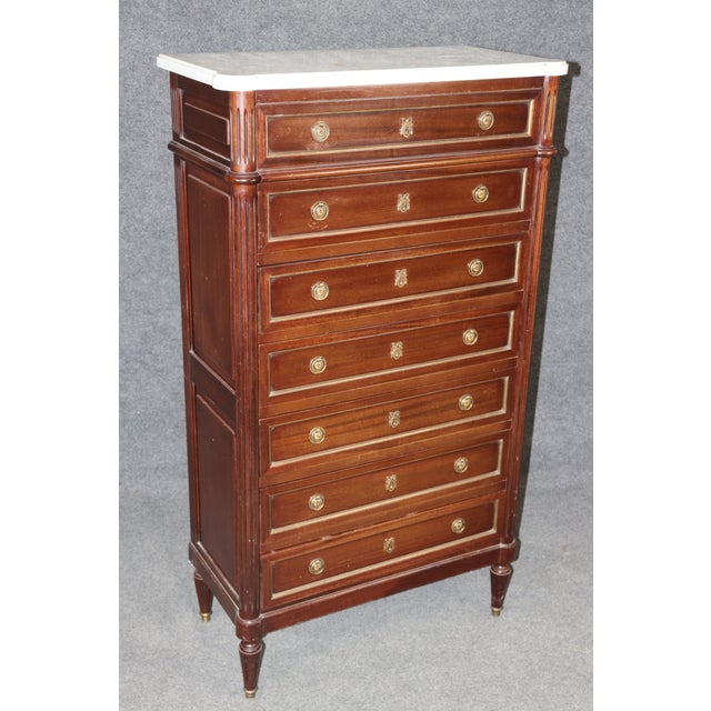 Metal Antique French Louis XVI Style Marble Top Brass Mounted 7 Drawer High Chest For Sale - Image 7 of 13