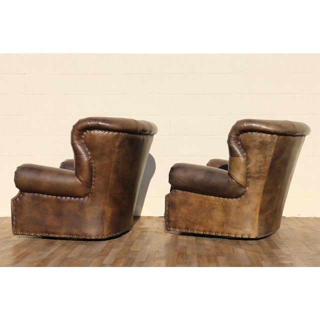 Restoration Hardware Pair of Restoration Hardware Churchill Tufted Leather Swivel Chairs | Vintage Distressed Cigar Leather Wingbacks For Sale - Image 4 of 18