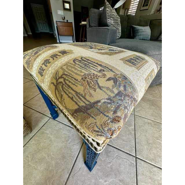 Pair Painted Chinese Chippendale Style Benches Chinoiserie Tapestry Upholstery For Sale - Image 15 of 18