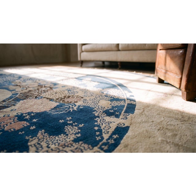 Textile Pretty Floral Design in a Ivory Field & Navy Border Color Antique Round Chinese Peking Rug For Sale - Image 7 of 9
