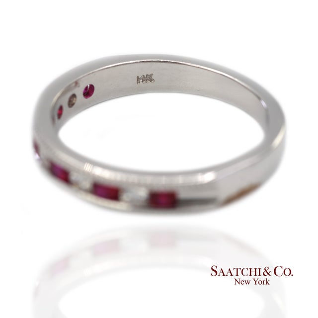 14k (585) Solid White Gold Natural Diamond and Ruby Half Band Ring, Size 6.5 For Sale In New York - Image 6 of 11