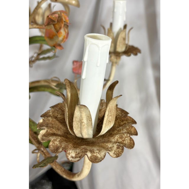 Vintage Tole 6-Light Chandelier With Flower Motif and Honest Patina For Sale - Image 14 of 18