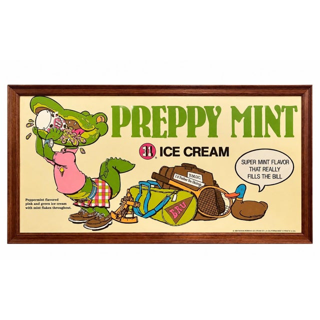Wood Vintage 1983 Baskin Robbins Preppy Mint Framed Advertising Poster Alligator For Sale - Image 7 of 9