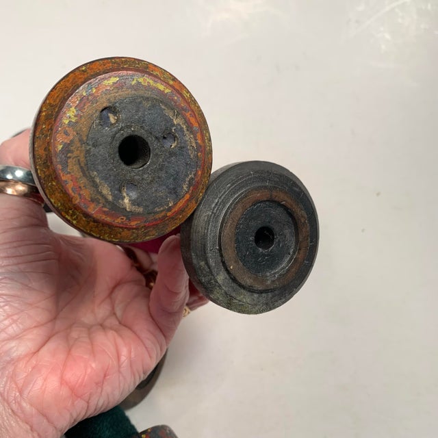 Circa 1950 Wood and Metal Textile Mill Bobbins Set of Six Red and Green For Sale In Louisville - Image 6 of 9