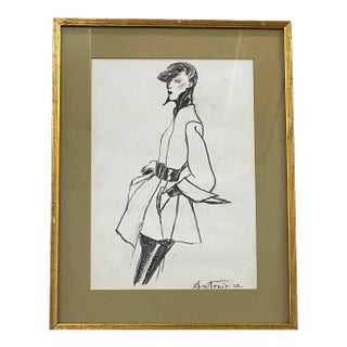 Fashion Illustration Signed "Antonio" Circa 1962 Charcoal For Sale