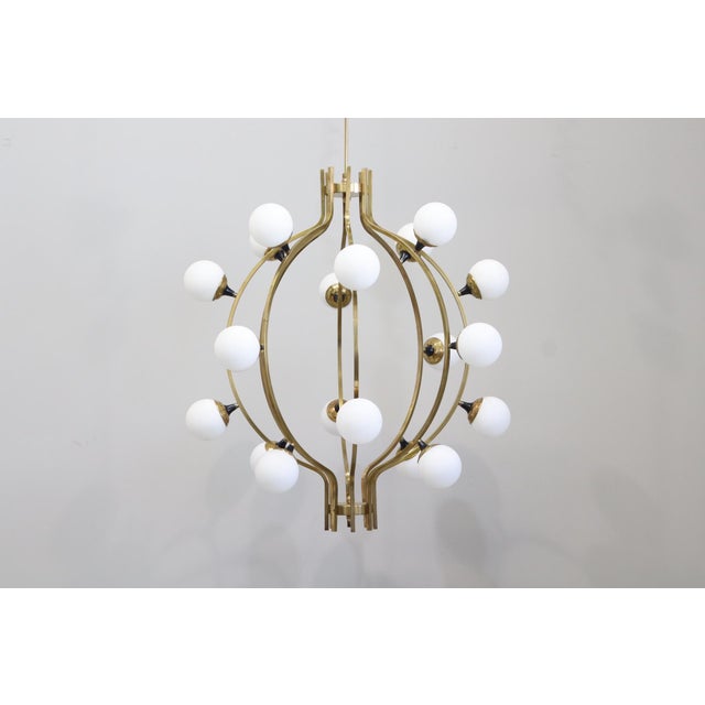 Large 20-Light Chandelier in Brass and Opal Spheres in the style of Stilnovo, 1988 For Sale - Image 6 of 13